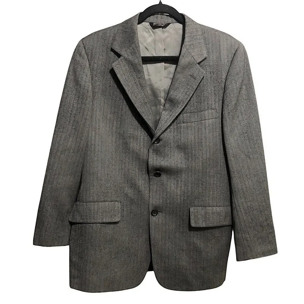 Patrick James Gray Herringbone Blazer Sport Coat 100% Pure Wool USA Made